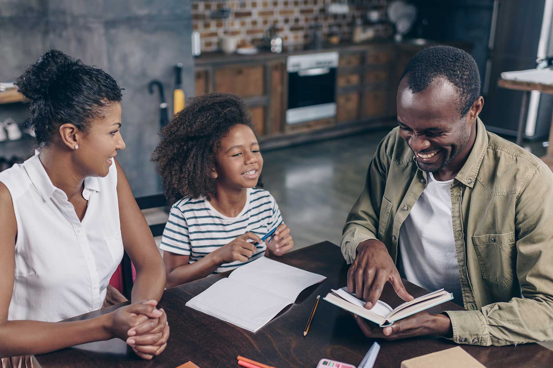 Family sat round a table practicing homeschooling
